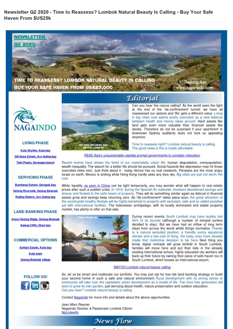 Nagaindo land for sale investment property Kuta Lombok newsletter